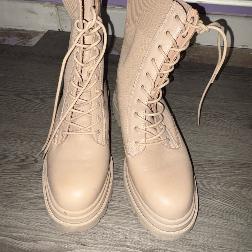 Women's Beige Lace-Up Boots